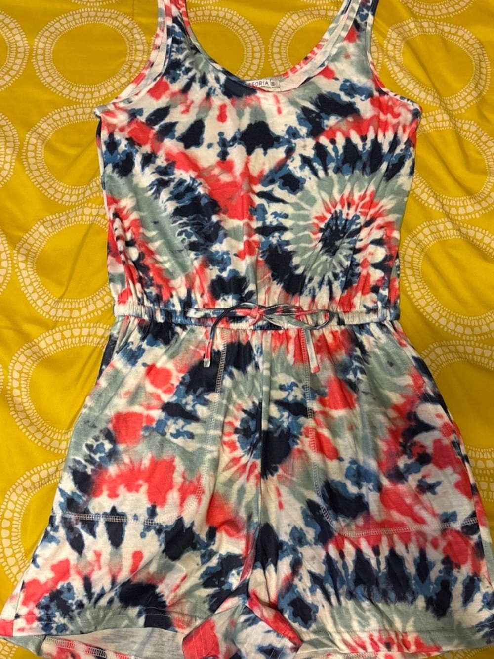 New Reo Ria Tie-Dye Short Romper - white, blue, red, and gray